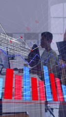 Poster - Animation of statistical data processing over businesswoman talking on smartphone at office