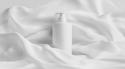 Poster - Blank white pump bottle on draped white fabric.