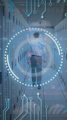 Poster - Animation of scope and data processing over male it technician and computer servers