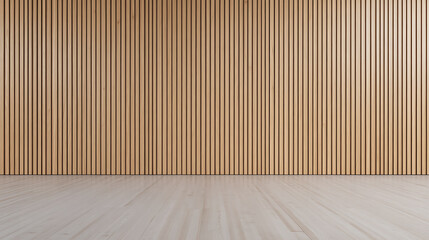 Poster - Modern interior featuring a textured wooden wall and a light wood floor, creating a simple, elegant, and clean architectural design.