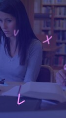 Poster - Animation of multiple alphabets floating over diverse man and woman studying in library at college