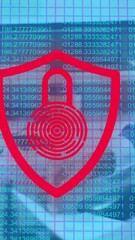 Poster - Animation of padlock in shield and changing numbers over diverse coworkers shaking hands in office