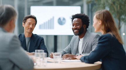 Poster - Diverse team at work, smiling and collaborating in a modern office. Illustrates teamwork, success, and innovation. Ideal for corporate and business themes.