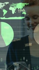Poster - Animation of statistical data processing over woman holding a file using smartphone at office