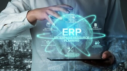 Poster - ERP platform visual showing centralized system for enterprise resource planning, improving integration, data flow, business efficiency, finance, inventory, and human resources. Muxer