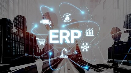 Poster - ERP platform visual showing centralized system for enterprise resource planning, improving integration, data flow, business efficiency, finance, inventory, and human resources. Muxer