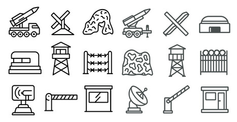Fototapete - Series of icons depicting various military and security related objects. The icons include a rocket, a truck, a building, a fence, a gate, a building, a building, a building, a building, a building
