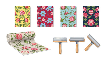 Poster - Assorted floral pattern wallpaper samples with three wallpaper smoothing brushes in the foreground