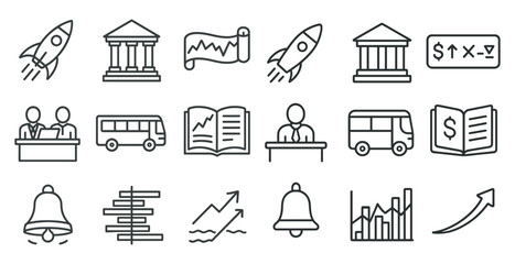 Fototapete - Set of icons that include a rocket, a building, a book, a bus, a person, a dollar sign, a bell, a person with a laptop, a person with a tie, a person with a suit, a person with a