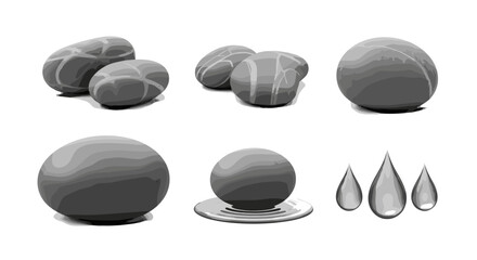 Poster - An illustration of several stones and water droplets in varying arrangements and compositions shown in grayscale