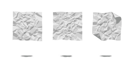 Poster - Three crumpled sheets of white paper with shadows cast below them on a plain white background view