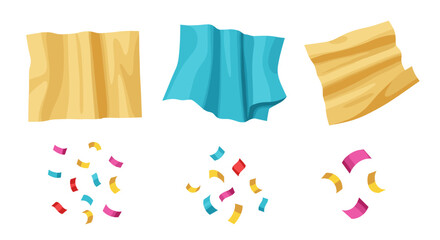 Poster - Illustration of party decorations featuring colorful confetti and draped fabric on a white background