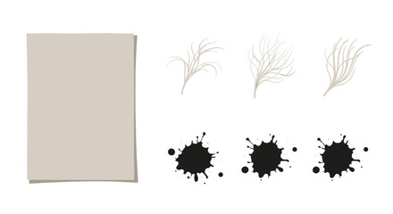 Poster - Illustration of a beige rectangle with three sprigs and three black ink blots on a white background