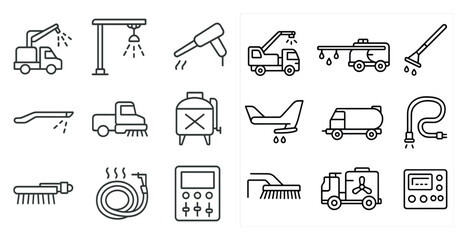 Fototapete - Series of black and white icons of various vehicles and equipment, including a truck, a jet, a helicopter, and a car