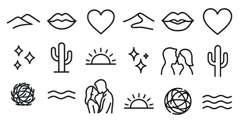 Fototapete - Collection of symbols, including a heart, a cactus, a sun, and a couple kissing, are displayed in a row. The heart symbolizes love and affection, while the cactus represents the desert