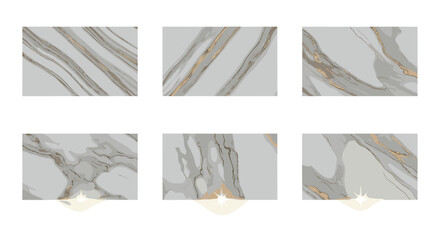 Poster - Six square marble tiles arranged in a grid pattern featuring grey and gold vein patterns on white background