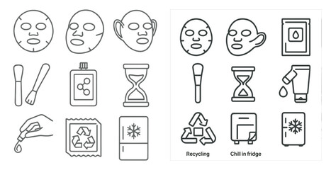 Fototapete - The image is a collection of various icons related to beauty and skincare. The icons include a brush, a bottle, a clock, a hand, a face, and a cup. The icons are arranged in a grid
