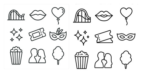 Poster - The image is a collection of various icons, including a heart, a balloon, a roller coaster, and a ticket. The icons are arranged in two columns, with the top column featuring a mix of icons