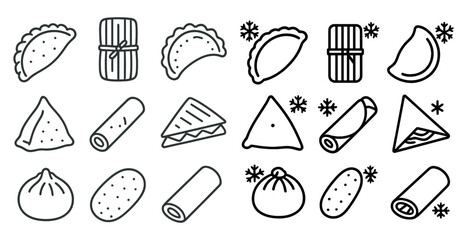 Poster - Collection of food items including sandwiches, wraps, and dumplings. The image is in black and white and has a simple, clean look