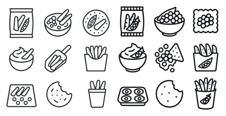 Fototapete - Series of food icons, including bowls, cups, and spoons, are shown in a black and white style