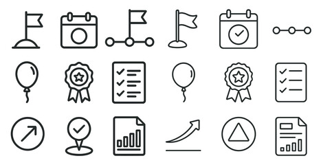 Fototapete - Collection of icons for a calendar, including a star, a check mark, and a balloon. These icons are arranged in a grid, with some icons placed above others. Scene is one of organization