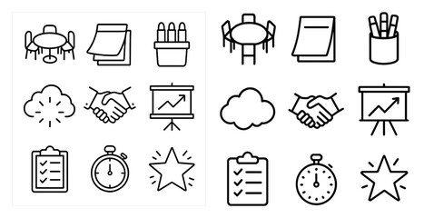 Poster - Variety of office-related icons, including a clock, a star, a pen, a book, and a chair. The icons are arranged in a grid, with some overlapping each other
