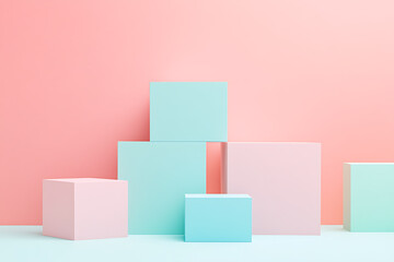 Aufkleber - Geometric shapes in pastel colors form a playful, modern composition, ideal for product showcases or minimalist design concepts. Soft lighting creates a serene mood.