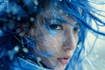 Poster - Futuristic woman with glowing blue hair and digital overlay emerges from a technological realm, showcasing innovation and virtual reality