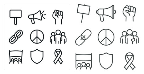 Poster - Collection of various symbols and icons, including peace signs, protest signs, and a microphone. The peace signs are scattered throughout the image, with some appearing in the top left corner