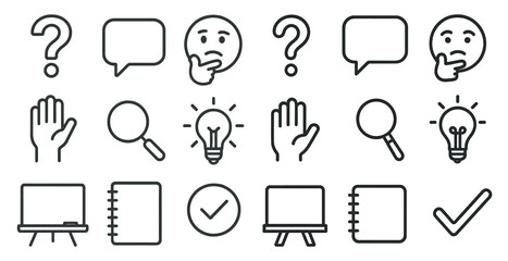 Poster - Collection of symbols and icons, including a hand, a light bulb, a clock, a book, and a question mark