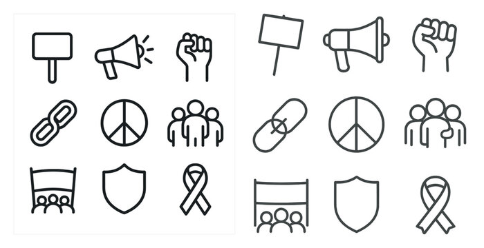 Collection of various symbols and icons, including peace signs, protest signs, and a microphone. The peace signs are scattered throughout the image, with some appearing in the top left corner