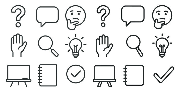 Collection of symbols and icons, including a hand, a light bulb, a clock, a book, and a question mark