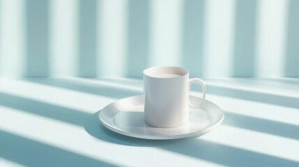 Poster - White mug and saucer on a light blue surface.