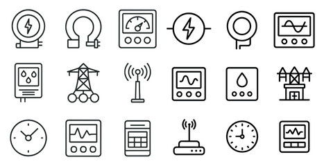 Poster - Collection of icons for various electronic devices and appliances. The icons are all in black and white and are arranged in a grid. Scene is modern and minimalist