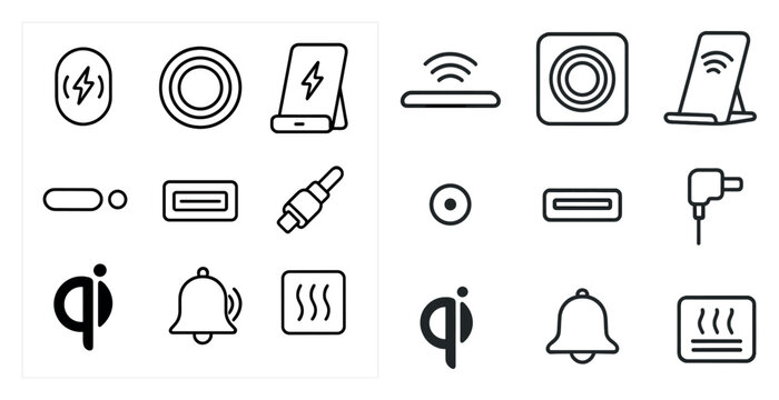 Collection of icons for a phone charger. The icons include a bell, a charging port, and a USB port