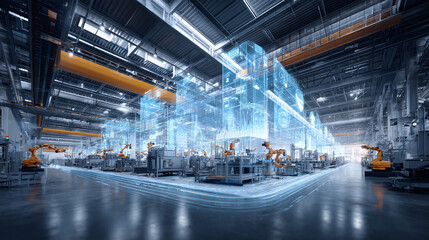 Poster - Futuristic factory interior with robotic arms and digital interface. Illustrates automation, Industry 4.0,  technology. Perfect for industrial concepts.