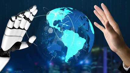 Poster - AI supports global data exchange with intelligent infrastructure, virtual assistant visualizations, and artificial intelligence tools for network connectivity analysis. Thunk