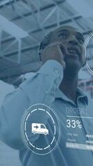 Poster - Talking on phone, man in warehouse with logistics data animation overlaid