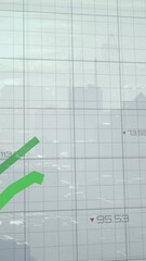 Poster - Rising green line graph animation over cityscape background with grid lines