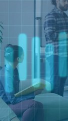 Poster - Business meeting with people discussing, data analysis animation over office setting