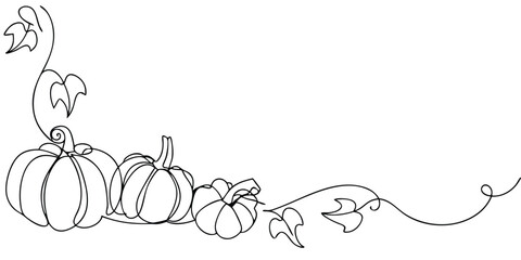 Continuous line art pumpkins with vines leaves on for autumn harvest leaf