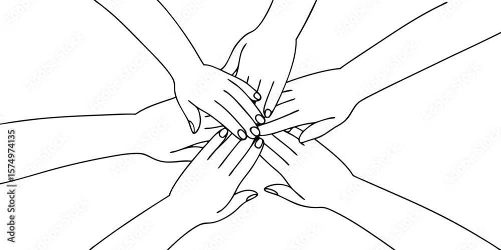 Diverse group of hands stacked together in a symbol of unity and ...