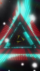 Poster - Animating geometric shapes and neon lights over dark background with glowing particles