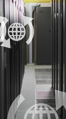 Poster - Animation of multiple web globe icons floating against computer server room