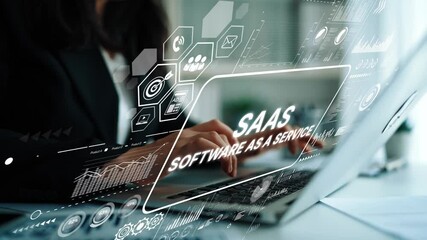 Fototapete - Business professional working on laptop with digital overlay of SAAS concept, illustrating technology and innovation in software services. Asymptotic smart data analytic.