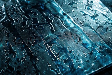 Poster - Water is sliding on a textured surface creating rivulets and reflecting teal light