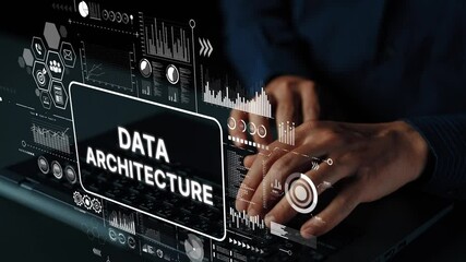 Poster - Hands Typing on Laptop with Data Architecture Graphics and Digital Elements in a Modern Workspace Setting. Asymptotic smart data analytic.