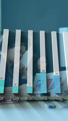 Poster - In office, diverse team discussing bar graph data and animation during meeting
