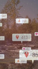Poster - Animation of social media notifications floating over serene forest and river landscape