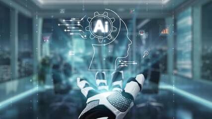 Poster - A robotic hand reaching out to a digital AI interface symbolizes the intersection of technology and innovation, showcasing advanced data analysis in a modern workspace. Auvana
